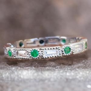 Ready to Ship Emerald Diamond Baguette Dot Milgrain Ring/ Bezel Set Round Emerald Diamond Eternity Wedding Band Jewelry Gift
