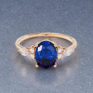 Delicato anello di fidanzamento ovale con zaffiro blu in oro massiccio 14 carati, solitario vintage, gioiello da donna, regalo