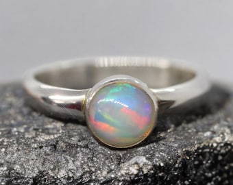 Solitaire Fire Opal Sterling Silver Ring October Birthstone Natural Opal Ring, Engagement Ring, White Opal Ring Gift For Her
