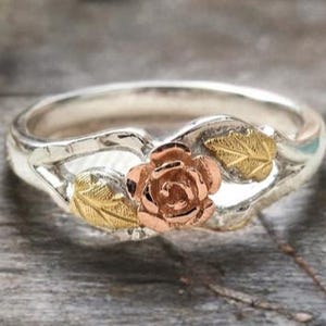 925 Sterling Silver Black Hills Ring • Rose & Green Gold Flower • Tri Color Leaf Band • Jewelry Best Gifts For Women