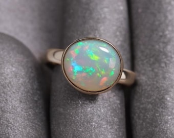Solitaire Fire Opal Sterling Silver Ring October Birthstone Natural Opal Ring, Engagement Ring, White Opal Ring Gift For Her
