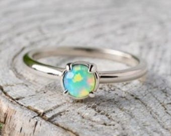 Solitaire Fire Opal Sterling Silver Ring October Birthstone Natural Opal Ring, Engagement Ring, White Opal Ring Gift For Her