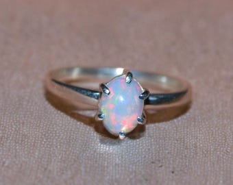 Solitaire Fire Opal Sterling Silver Ring October Birthstone Natural Opal Ring, Engagement Ring, White Opal Ring Gift For Her