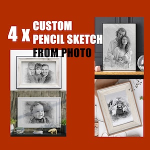 4 x Custom Pencil Sketch from Photo, Pack of 4 , perfect gift for family