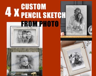4 schizzi a matita personalizzati da foto, confezione da 4, regalo perfetto per la famiglia