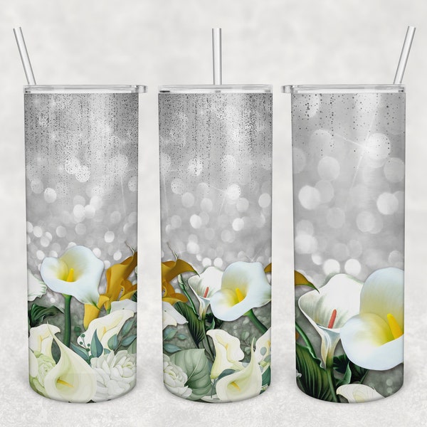 Calla Lily Floral Glitter 20 oz Skinny Tumbler, Lily Tumbler Png Wrap Sublimation Design, Floral Tumbler Digital Download PNG