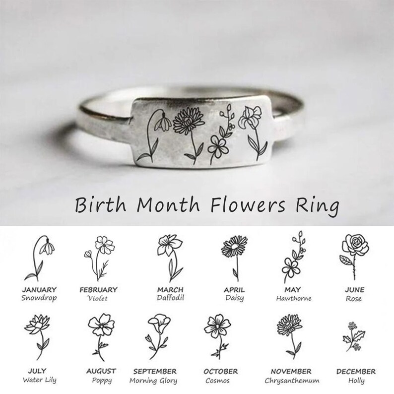 Birth Flower Rings Birth Flower Ring Mothers Ring Custom Etsy