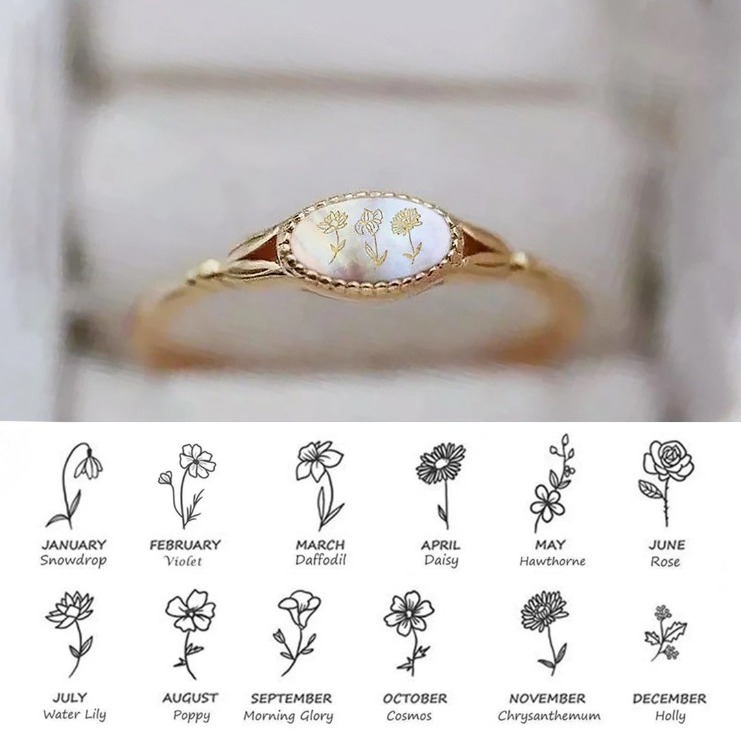 Personalized Birth Flower Ring 12 Month Flowers Black Agate Etsy
