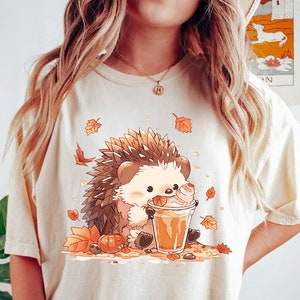 Comfort Color Cute Hedgehog Fall Shirt, Hedgehog Drinking Coffee Latte Shirt, Hedgehog Autumn Shirt, Hedgehog Lover Shirt, Hedgehog Pumpkin