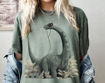 Comfort Colors Brachiosaurus Dinosaur Shirt, Brachiosaurus With Headphone Shirt, Cute Brachiosaurus Shirt, Retro Dinosaur Shirt