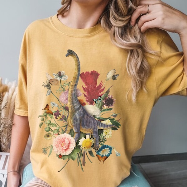 Comfort Colors Dinosaur Botanical Bouquet Shirt, Cottagecore Dinosaur Shirt, Dinosaur Lover Shirtc