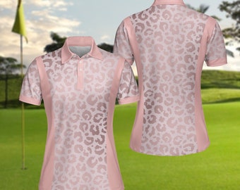 Rose Gold Leopard Women Polo Shirt, Women Golf Polo Shirt, No Gilter