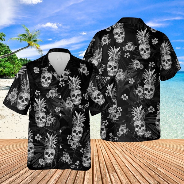 Chemise hawaïenne gothique tête de mort, chemise squelette humoristique, vêtements gothiques, chemises gothiques tête de mort