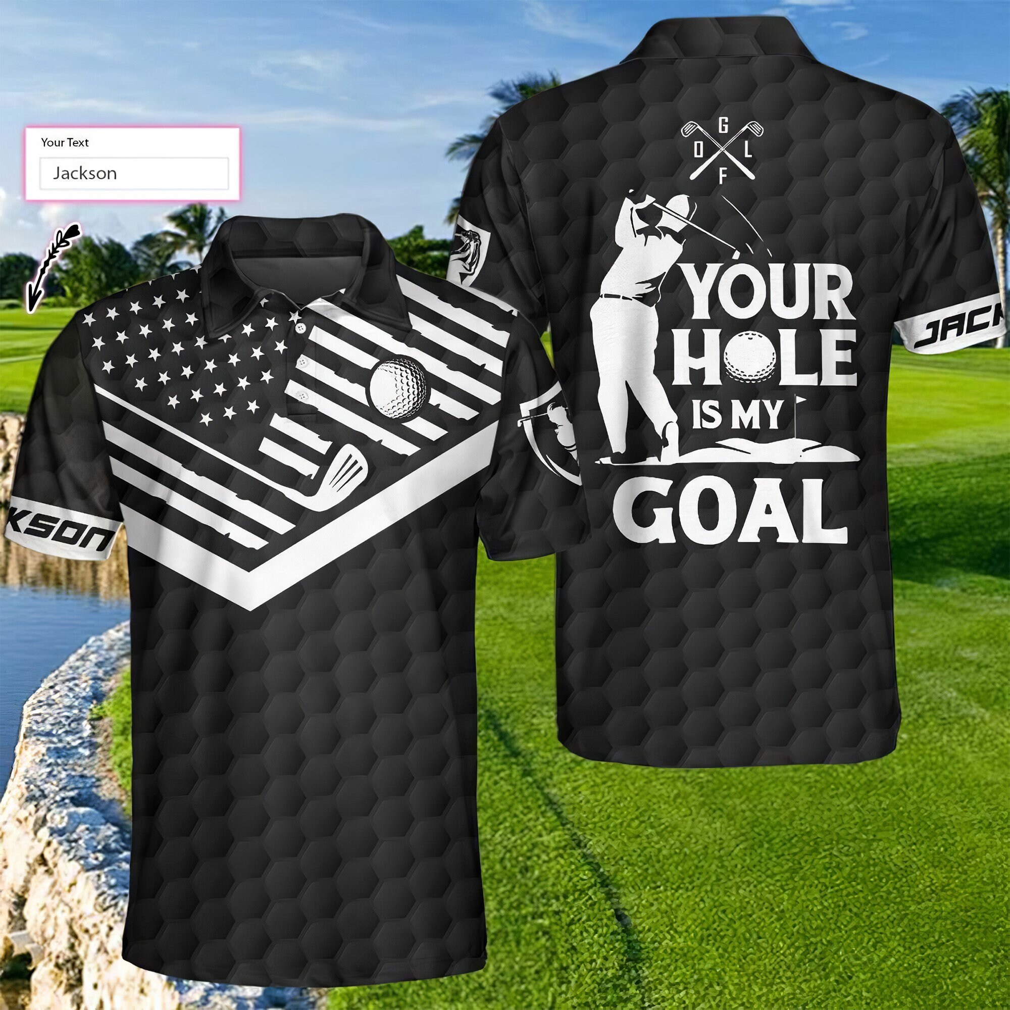 Your Hole Is My Goal  Polo Shirt, Personalized Black American Flag Golf Shirt