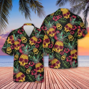 Pineapple Skull Black Hawaiian Shirt,  Summer Skull  Hawaiian Shirt,  Hawaiian Shirt For Men