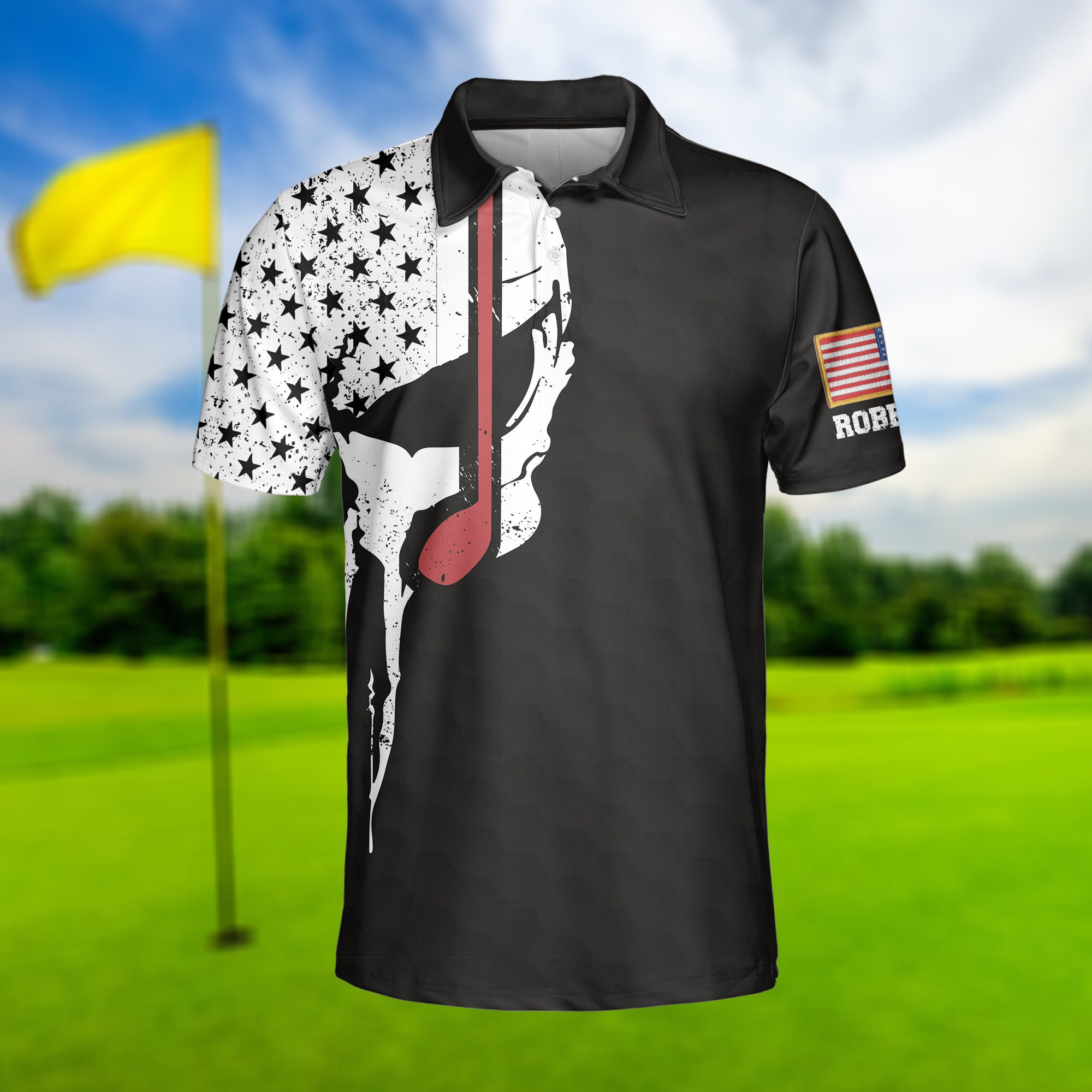 Skull American Polo Shirt, Golf Club Team Shirt, American Flag Polo Shirt