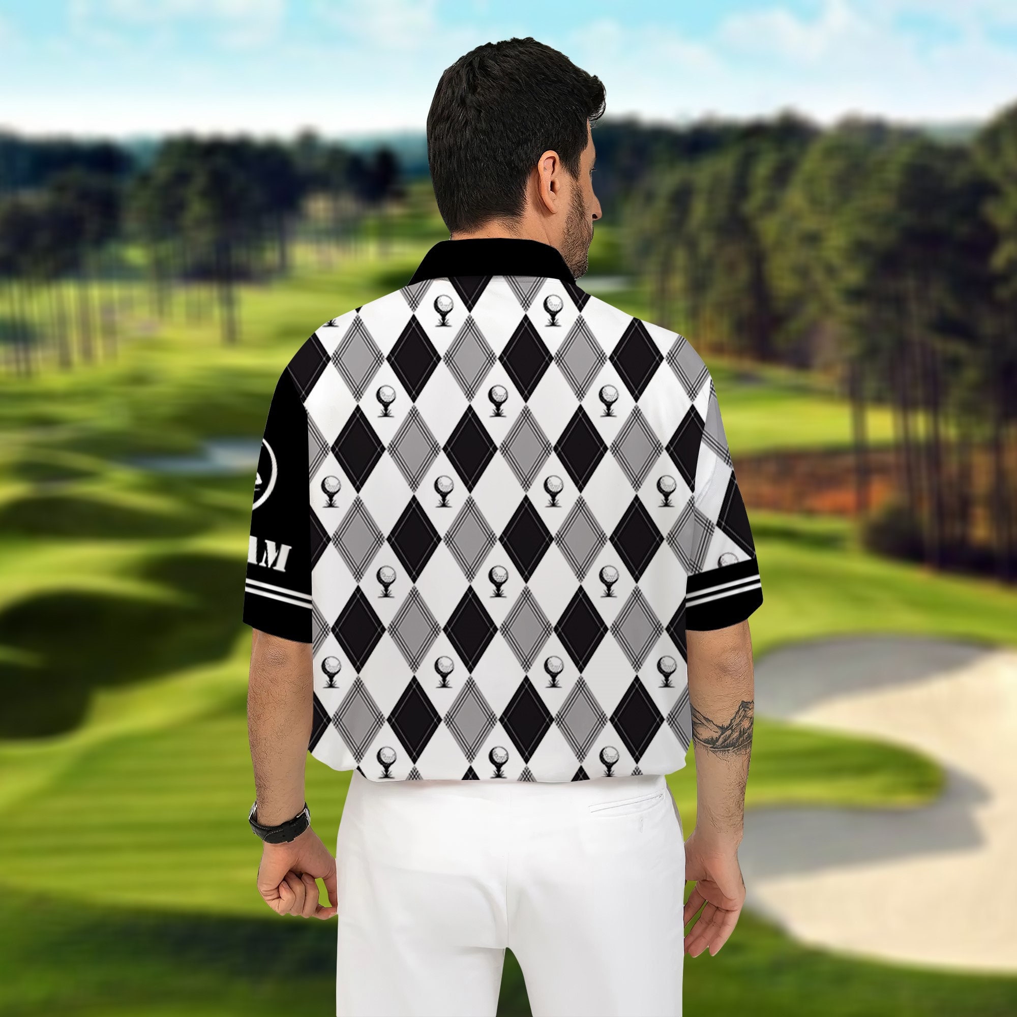 Discover Black And White Argyle Pattern Polo Shirt, Golf Polo Shirt