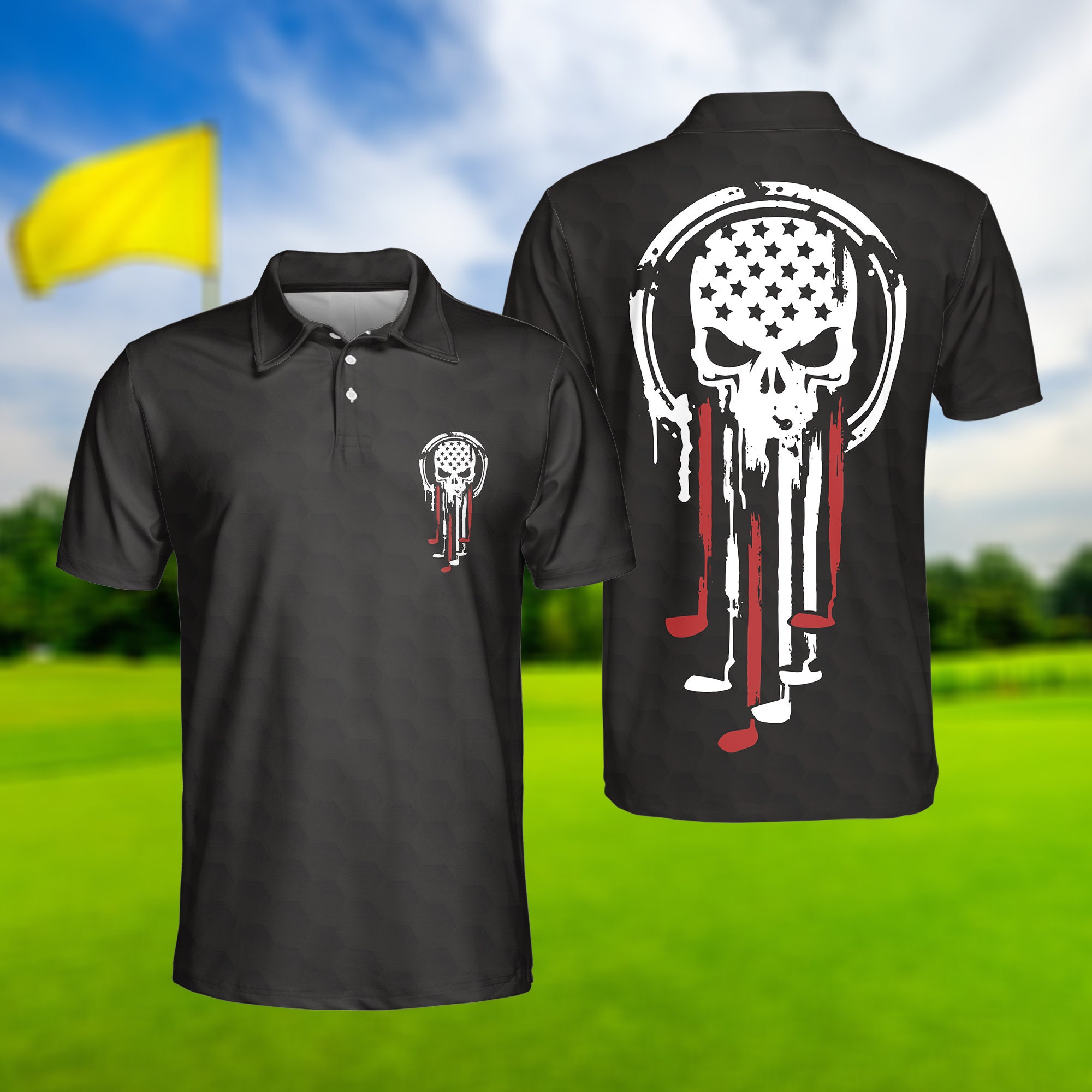 American Skull Golf Polo Shirt, American Flag Polo Shirt, Best Golf Shirt For Men