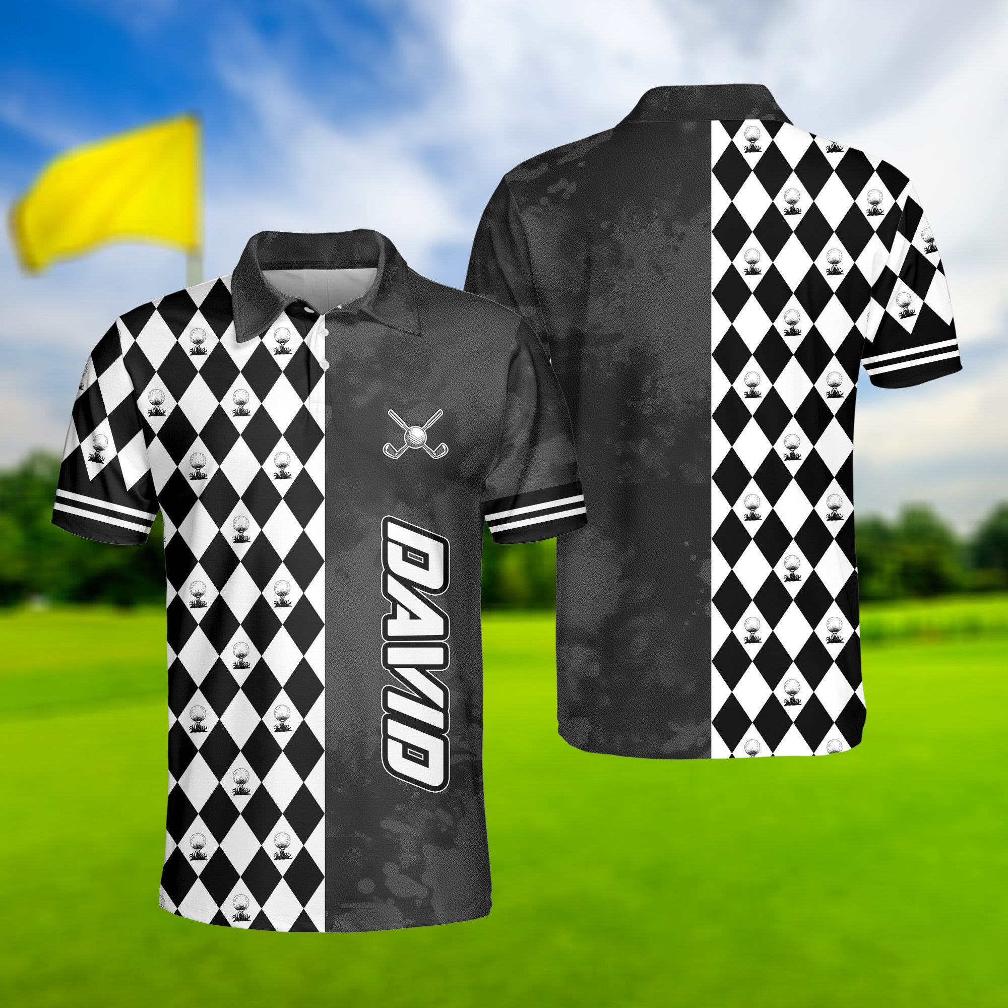 Discover Golf Black And White Argyle Polo Shirt