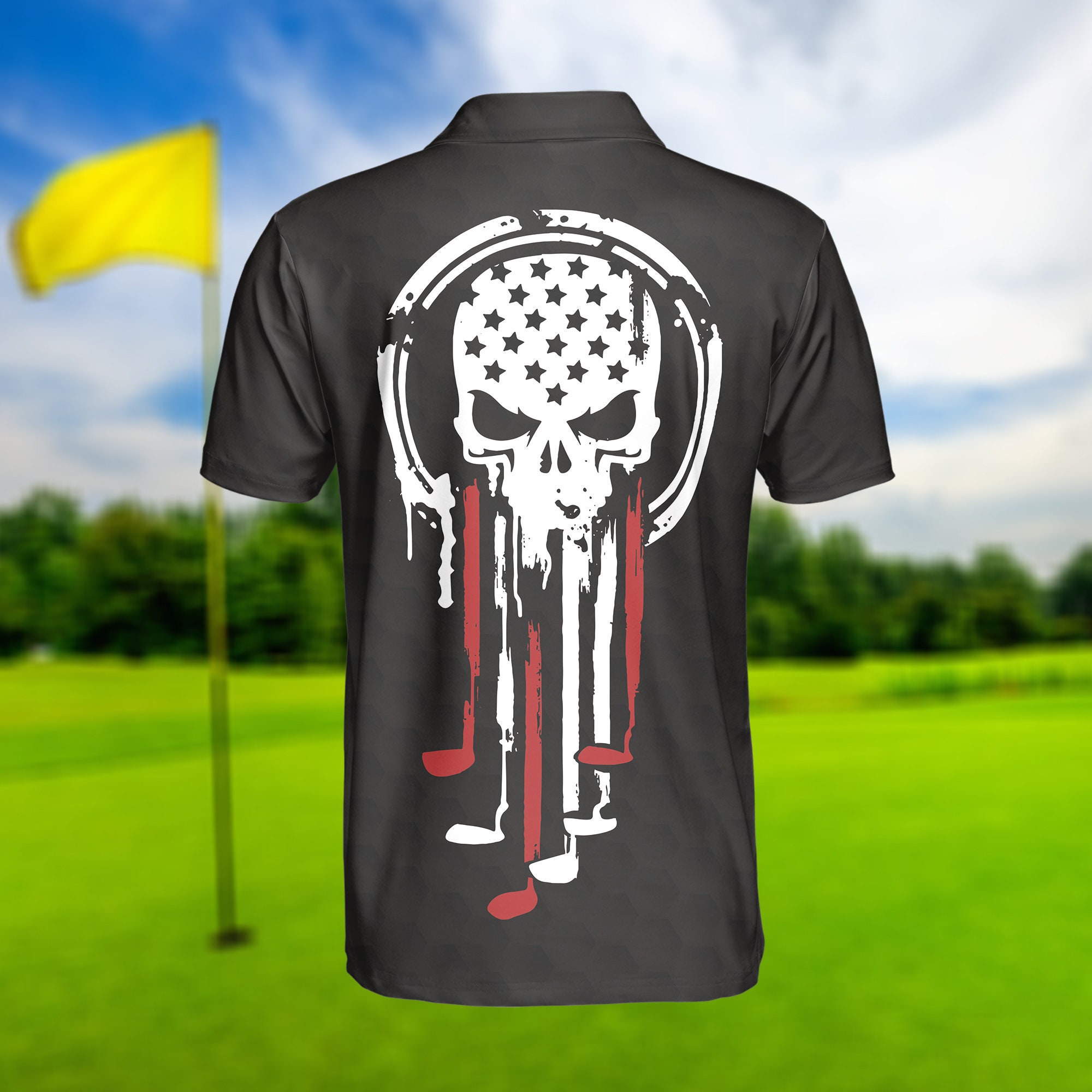 American Skull Golf Polo Shirt, American Flag Polo Shirt, Best Golf Shirt For Men