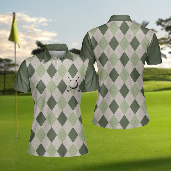 Women Green Argyle Polo Shirt, Women Polo Shirt,  Golf Shirt For Ladies
