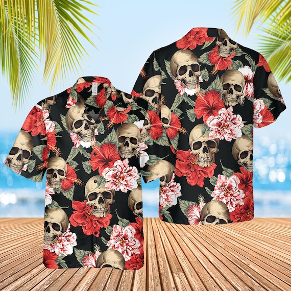Chemise hawaienne hibiscus exotique tete de mort chemise hawaienne tete de mort tropicale chemise hibiscus rouge chemise hawaienne homme Etsy France
