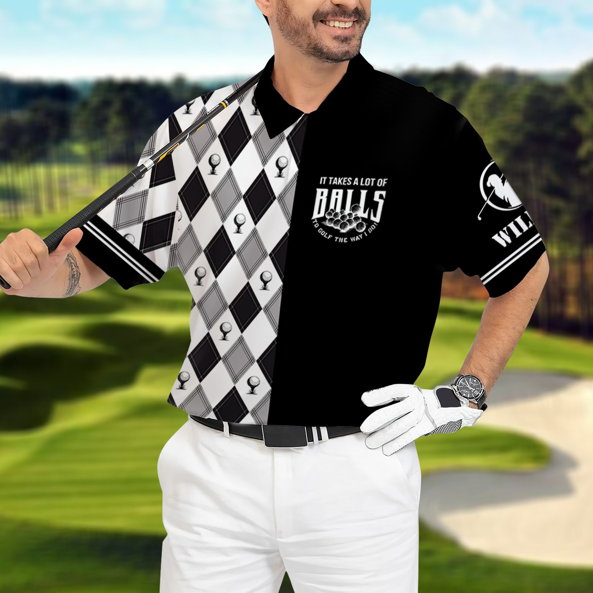 Discover Black And White Argyle Pattern Polo Shirt, Golf Polo Shirt