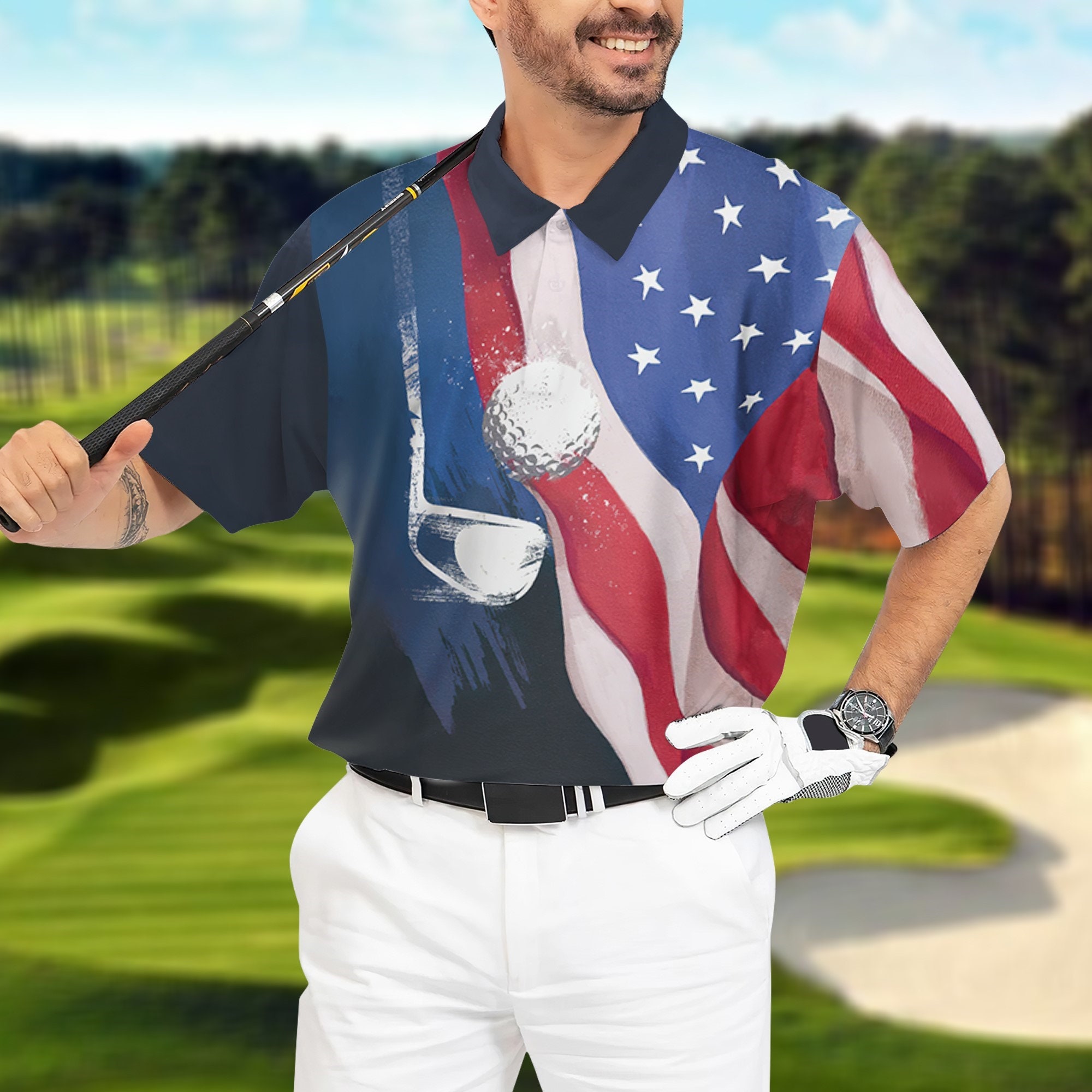 Discover Patriotic Golf Polo Shirt, Golf American Flag Men Polo Shirt, 4th July Golf Shirt
