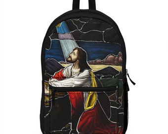 Backpack Jesus Christ Praying in Gethsemane Stained Glass Print Unique Unisex Design Christian / Catholic Art - MADE IN USA