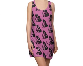 Women's Racerback Dress - Matisse Black Cat Stencil All Over Pattern With Signature Unique Art Love The Dancers Pink Designer Clothes