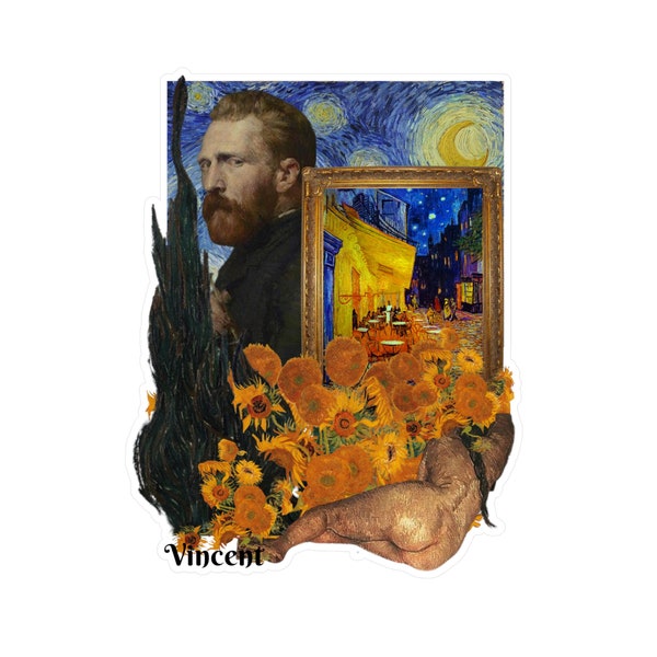 Vinyl Sticker / Decal - Vincent Van Gogh Unique Collage - Cafe Terrace Paris / Sunflowers/ Girl Painting / Self Portrait Starry Night