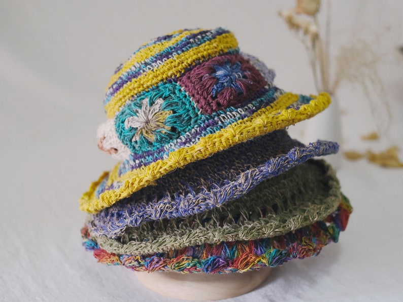 Chapeau de soleil d'été, chapeau tricoté à la main, chapeau de soleil en chanvre biologique, chapeau de soleil écologique, pare-soleil respirant au crochet à la main, chapeau d'été pour femmes, casquette de plage All 4 colors