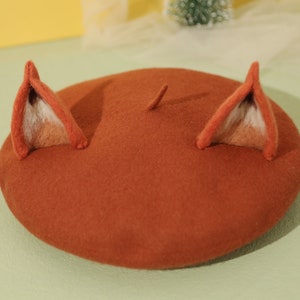 Fox beret hat,Fox ears,Hand wool felting beret,Christmas gift,Crochet pattern beret,Needle felting beret,Gift for women,Felting fox hat
