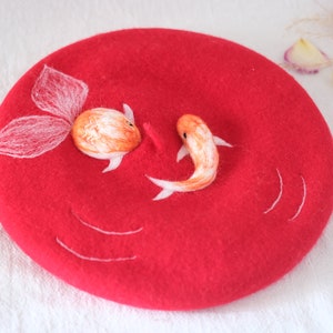 Beret hat for women,Christmas gift hat,Gift for mom,Handmade Wool felting Beret,Goldfish Beret,Red hat,Blue beret,Wool needle felting Beret