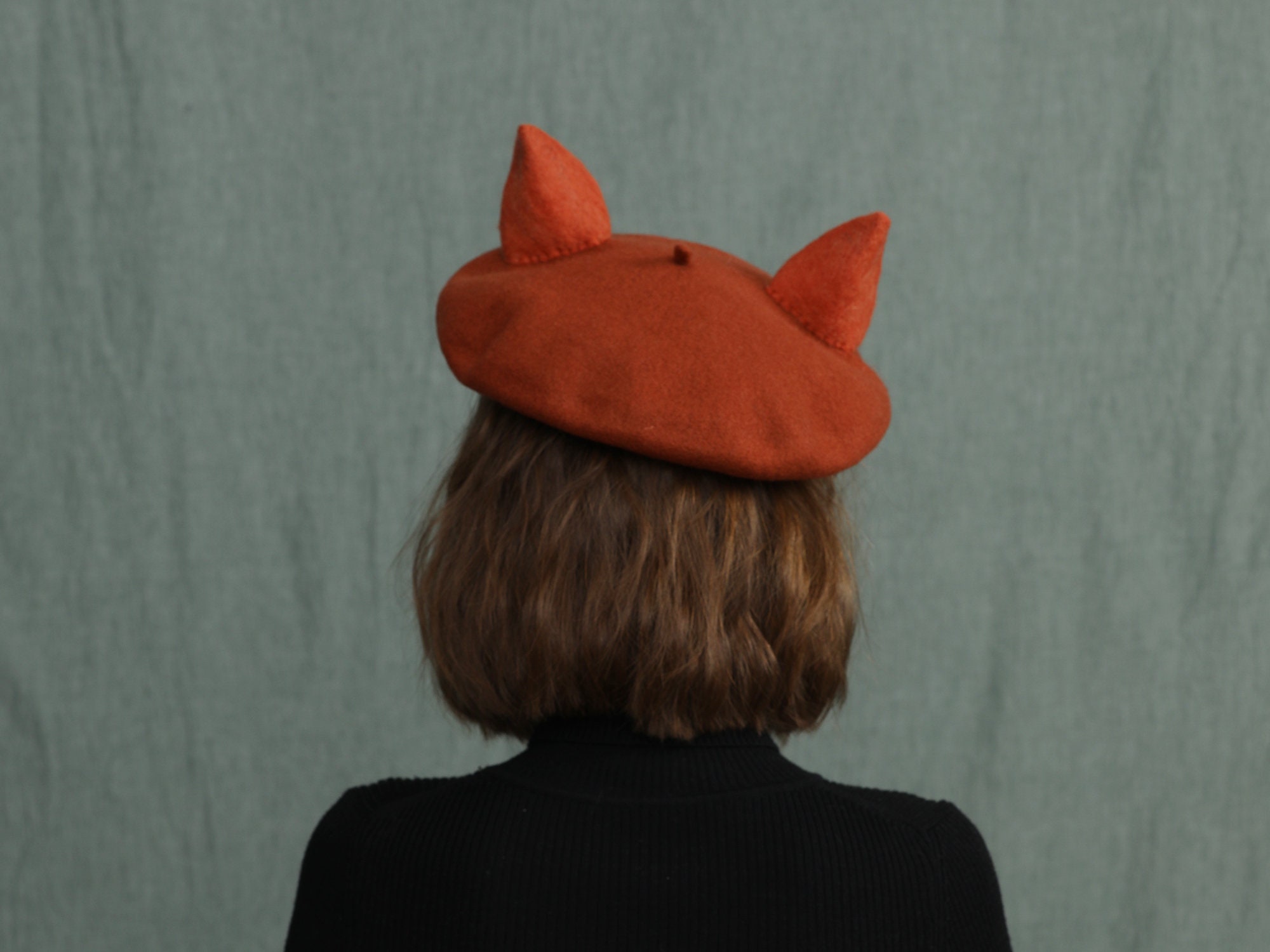 2648 Handmade Felt Fox Ears Cartoon Wool Beret Hat For Women Girls Winter Red Fox Ear Beret – Forager Vintage main image 2