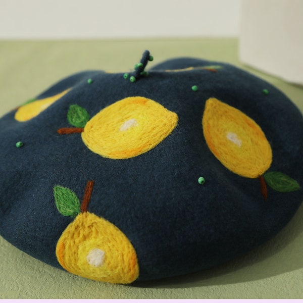 Custom pattern beret hat,Beret hat for women,Lemon Fruit pattern hat,Handmade felting,Needle felting beret,Christmas gift for her,Blue beret