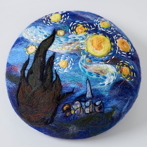 Van Gogh Starry Night Beret,Painter Art Hat Cap,Oil Paintings Berets Hat,Handmade Wool Felting Beret,Star Pattern Beret,Wedding Gift for her