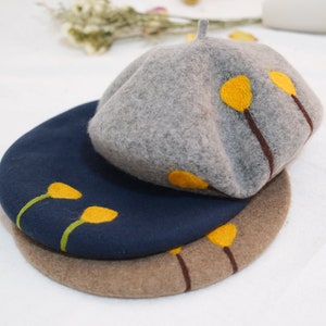 Handmade Wool Beret: Needle Felted Yellow Leaves Pattern