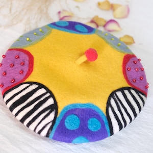 Handmade Needle Felt Wool Beret: Colorful Patchwork Hat