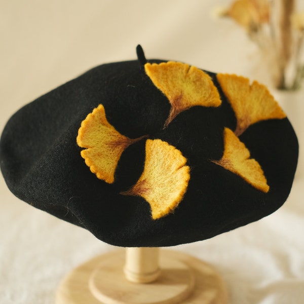 Wool felting berets,Fallen leaves design,Women's fashion beret,Black French beret,Ginkgo biloba beret,Winter black beret,Accessories beret