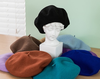 Chapeau de béret Français de grande taille, béret vintage pour femmes, béret de couleur unie surdimensionné, béret d’automne 100% laine, béret personnalisé, casquette de bérets rouge/noir