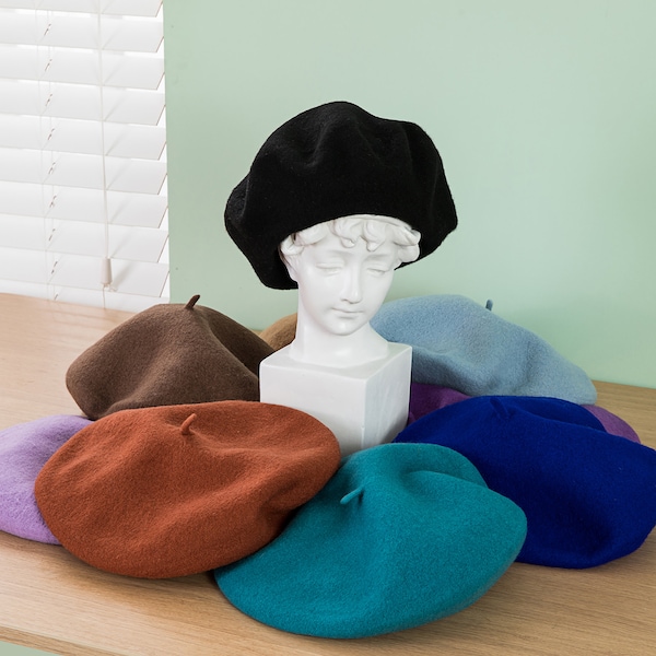 Chapeau de béret Français de grande taille, béret vintage pour femmes, béret de couleur unie surdimensionné, béret d’automne 100% laine, béret personnalisé, casquette de bérets rouge/noir