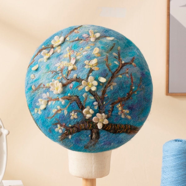Van Gogh Almond Blossom Beret: Hand-Needle Felted Wool Art Hat