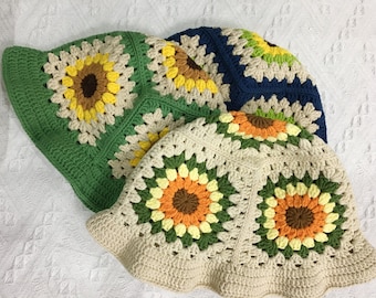 Chapeau de seau de tournesol au crochet, 100% coton, accepter les couleurs personnalisées, bonnet de seau tricoté à la main