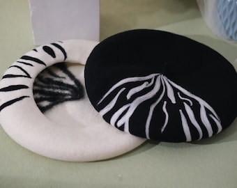 Beret pattern,Zebra Beret hat for women,Wool felting beret,Handmade felting beret,Christmas gift for her,French beret,Black beret for girls
