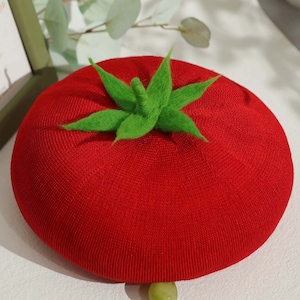 May include: A red felt tomato hat with a green felt stem and leaves. The hat is a fun and whimsical accessory.