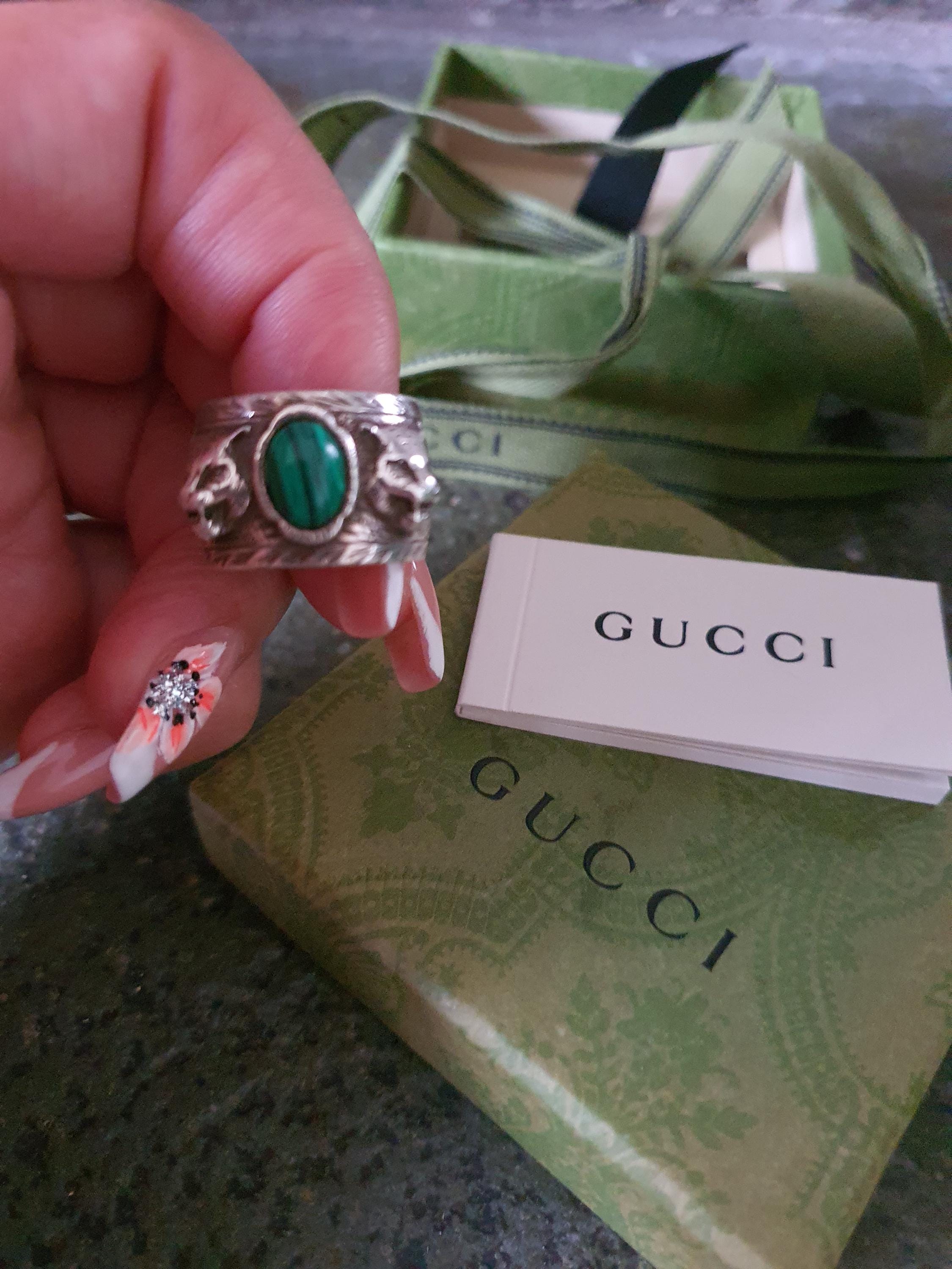 Stunning GUCCI Garden Tiger Head Ring 925 Sterling Silver Green