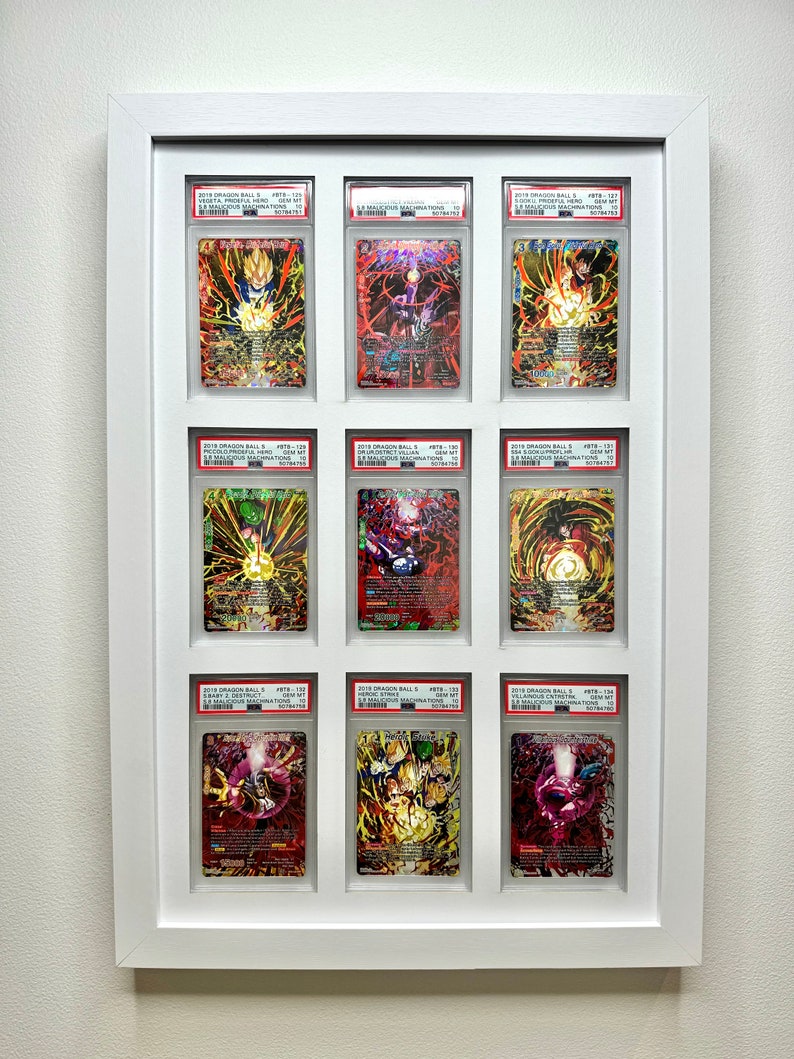 May include: Nine Dragon Ball Super trading cards are displayed in a white frame. Each card is encased in a clear plastic protector and features a different character from the anime series. The cards are graded with a Gem Mint 10 rating.
