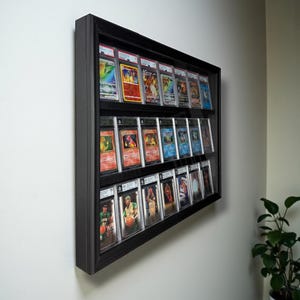 K&ouml;nnte beinhalten: Ein schwarzer, gerahmter Display-Kasten an einer wei&szlig;en Wand, der Reihen von Sammelkarten zeigt. Die Karten sind in Schutzh&uuml;llen untergebracht und zeigen verschiedene farbenfrohe Designs und Bilder. Der rechteckige Kasten hat mehrere Regale.