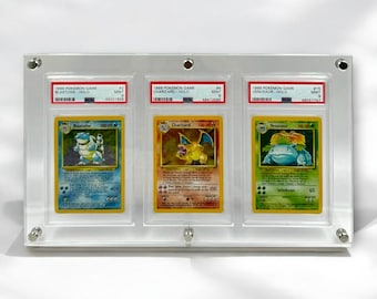 Display Card Holder - Custom 3 Grid Compatible With PSA/CGC Desktop Frame Added UV Protection. Fits Pokémon/Nba For Graded Cards Transparent